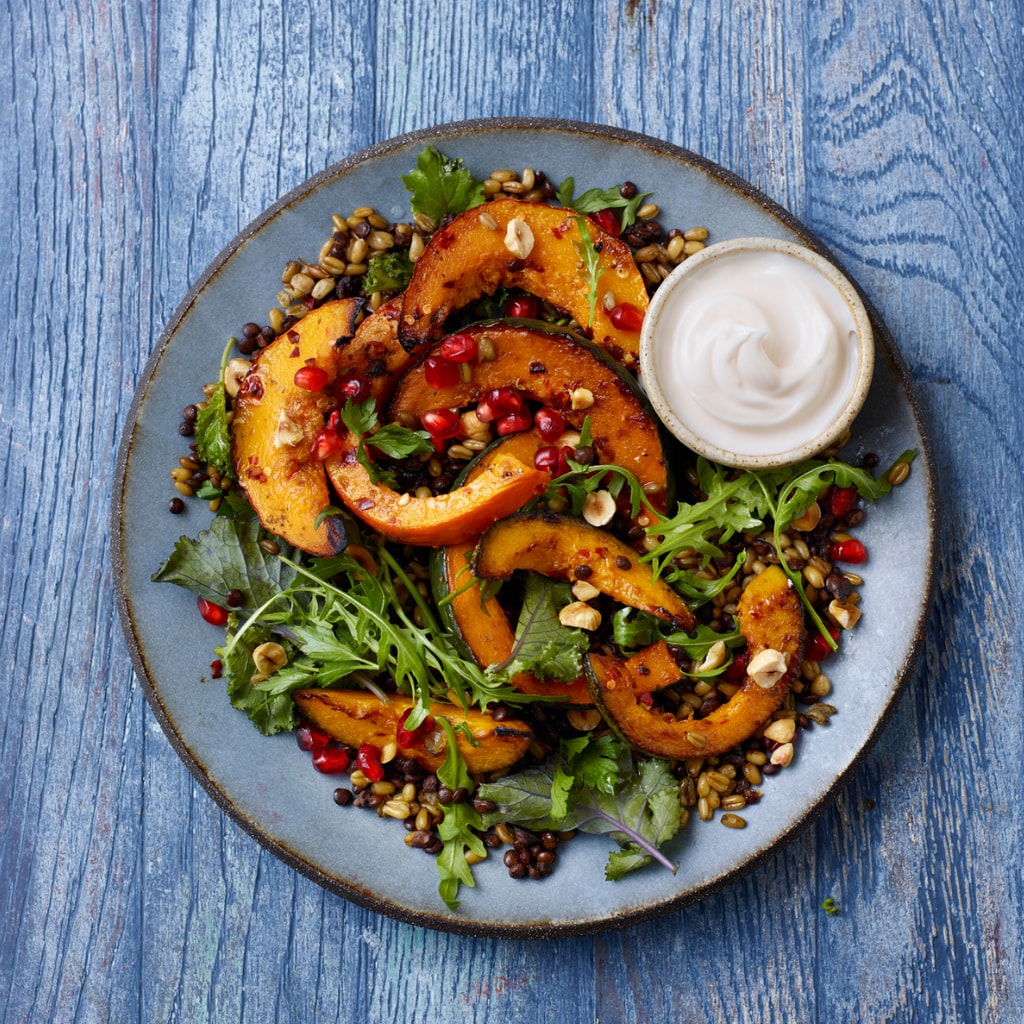 Gerösteter Chili Agaven Kürbis auf Linsen-Grünkernsalat